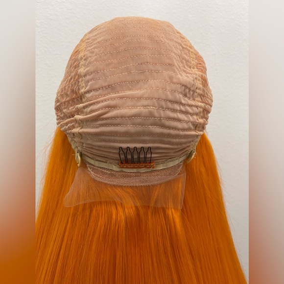 24” Orange Straight Human Hair, Transparent Lace Front Wig - Picture 8 of 12
